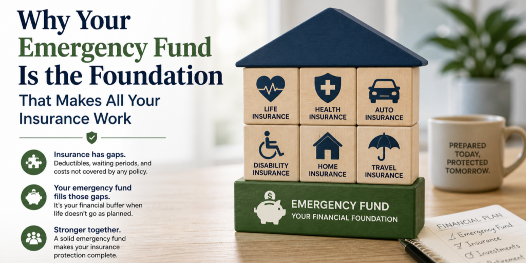 Emergency fund as the financial foundation supporting life, health, home, and disability insurance by covering gaps like deductibles and waiting periods