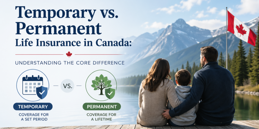 Temporary vs. Permanent Life Insurance in Canada: Understanding the Core Difference. A family sitting by the lake looking at some mountains. 