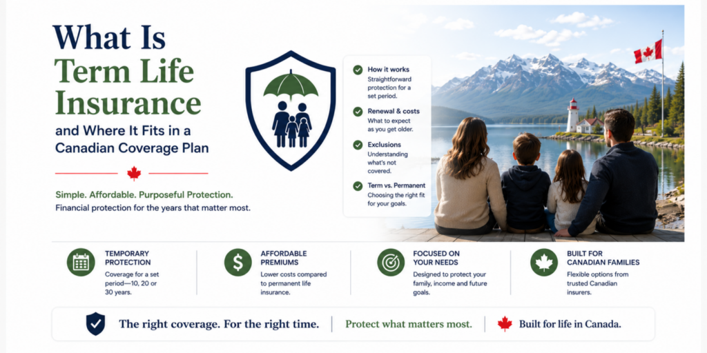 What is term life insurance: Canadian family by a mountain lake illustrating term life insurance coverage, renewal costs, exclusions, and how term insurance compares to permanent life insurance in Canada