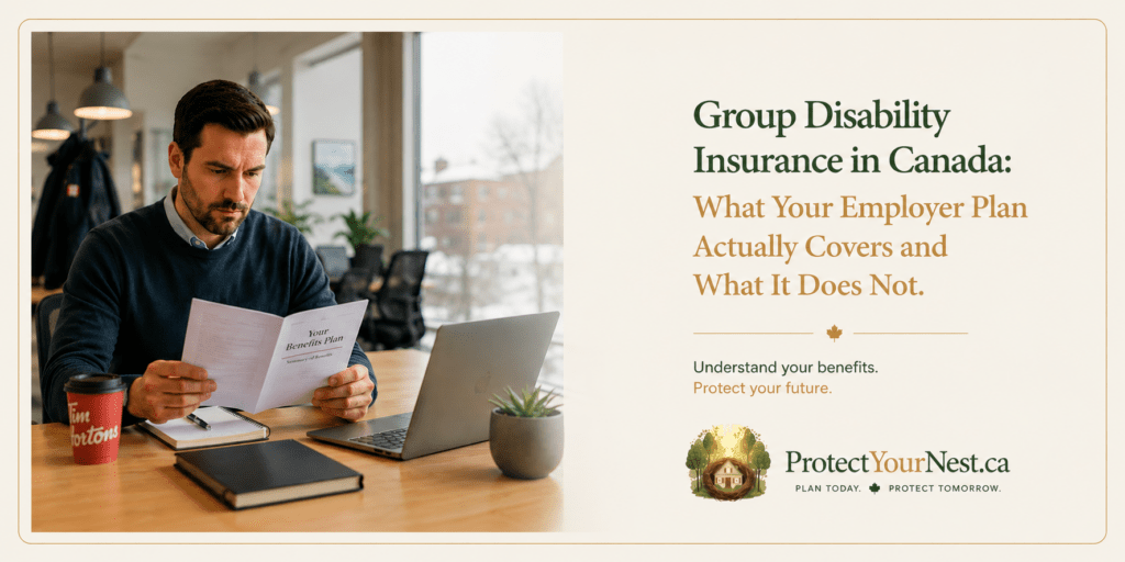 Group disability insurance concept showing a Canadian professional reviewing an employee benefits booklet at a desk beside a laptop and coffee, representing employer disability coverage and financial protection planning.