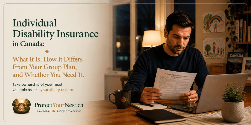 Individual disability insurance Canada concept showing a Canadian professional reviewing a disability insurance policy at home beside a laptop, representing personal income protection and independent financial planning.