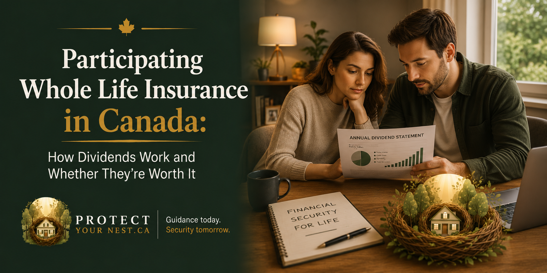Participating Whole Life Insurance in Canada -How Dividends Work and Are They Worth It Hero image for participating whole life insurance in Canada showing a couple reviewing a dividend statement at home beside a house in a protective nest, representing dividends, cash value growth, and long-term financial security.