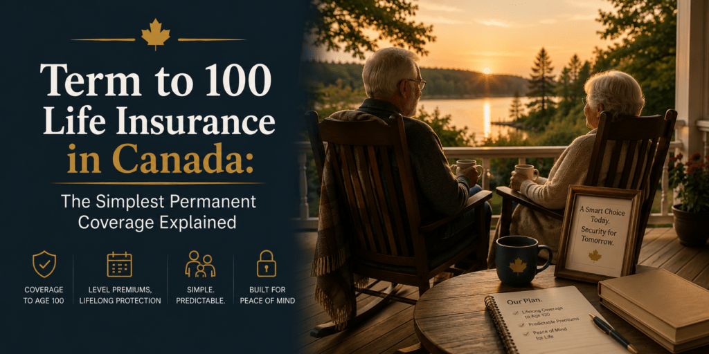Hero image for term to 100 life insurance showing an elderly couple sitting in rocking chairs at sunset, symbolizing lifelong coverage, stable premiums, and simple permanent life insurance protection in Canada.