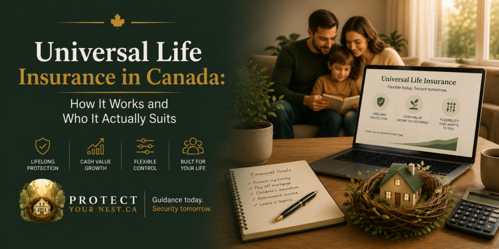 Universal Life Insurance in Canada: How It Works and Who It Suits Hero image for universal life insurance in Canada showing a family reviewing financial plans beside a laptop displaying policy details, with a house in a protective nest representing flexible coverage and long-term financial security.