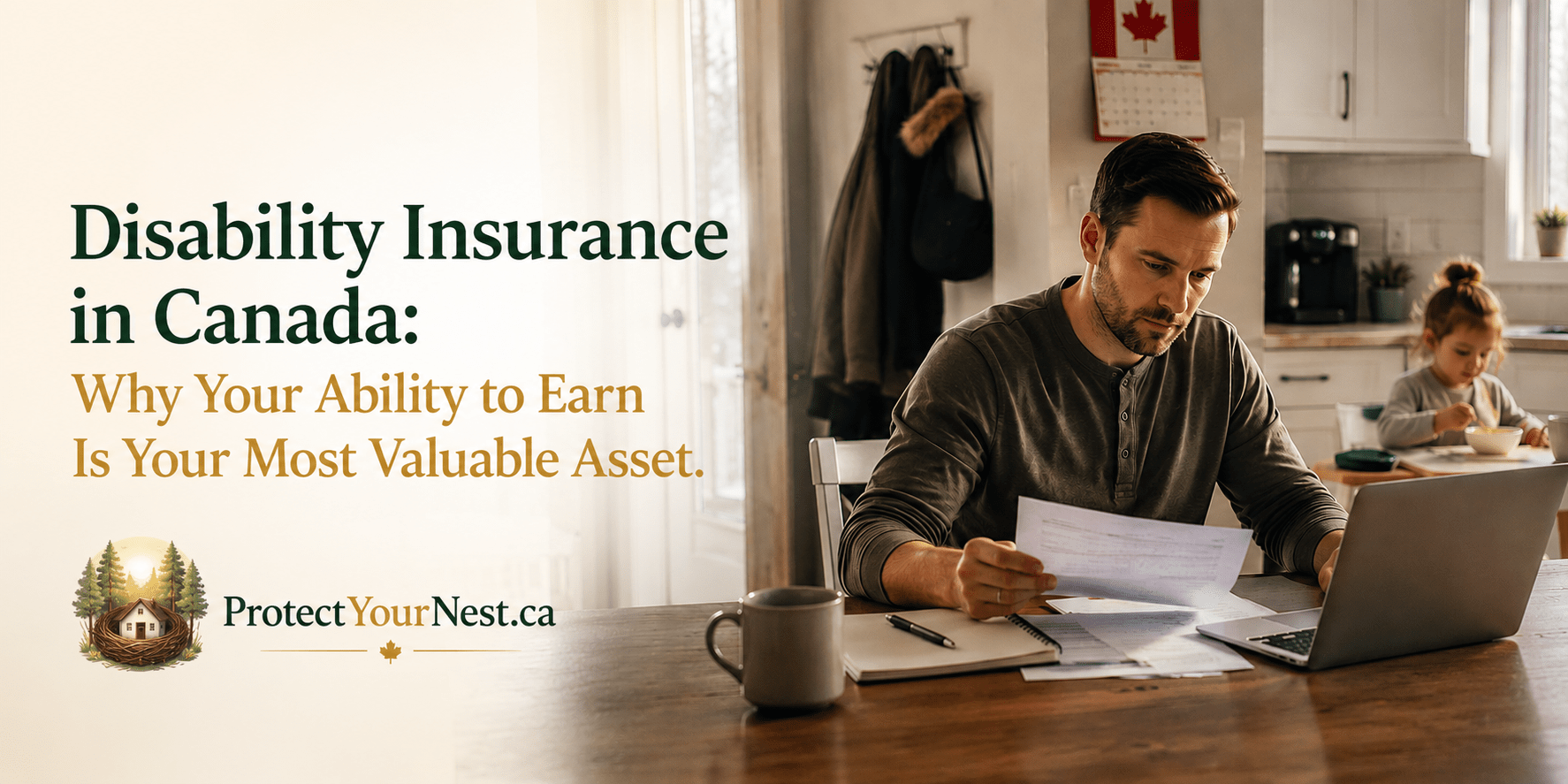 What is disability insurance concept showing a Canadian parent reviewing finances at a kitchen table while a child eats in the background, representing income protection and family financial security.