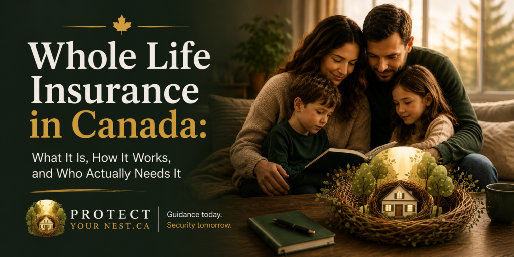 Whole Life Insurance Canada: What It Is, How It Works, and Who Needs It Hero image for a blog post about whole life insurance Canada showing a family gathered together in a warm living room beside a glowing house inside a nest, representing lifelong financial protection, cash value growth, and family security.
