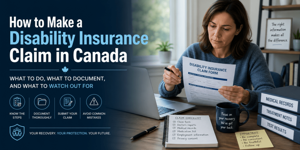 Person reviewing a disability insurance claim form and supporting medical documents while preparing to file a disability insurance claim in Canada.
