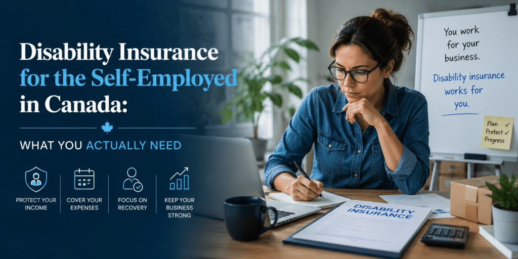 Disability Insurance for the Self-Employed in Canada | Income Protection for Business Owners Self-employed business owner working from a home office while reviewing disability insurance documents, illustrating disability insurance for the self-employed in Canada.