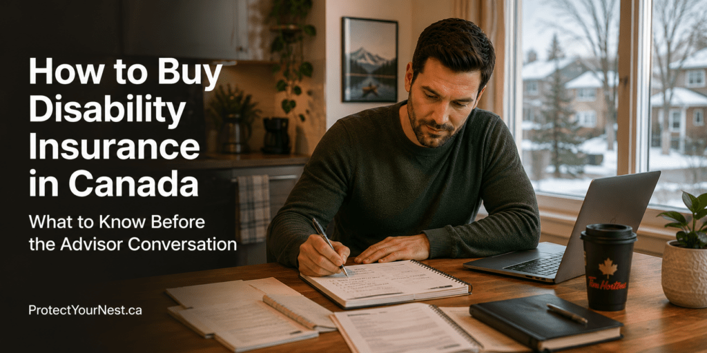 How to buy disability insurance in Canada concept showing a Canadian professional reviewing notes and insurance documents at a kitchen table before meeting with an insurance advisor.