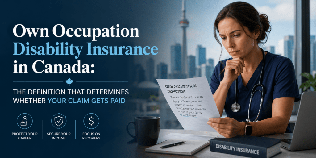 Own Occupation Disability Insurance in Canada Protect Your Income and Career Professional reviewing an own occupation disability insurance policy in Canada, highlighting how the policy definition determines whether disability benefits are paid.