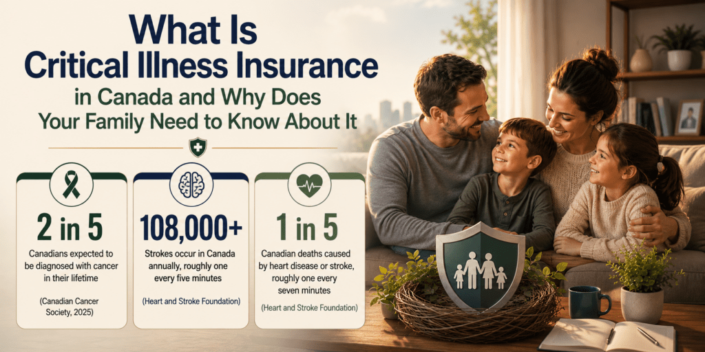 Critical Illness Insurance Canada | What It Is and Why It Matters Family protected by a shield beside critical illness statistics, illustrating critical illness insurance Canada and the importance of financial protection after a serious illness.