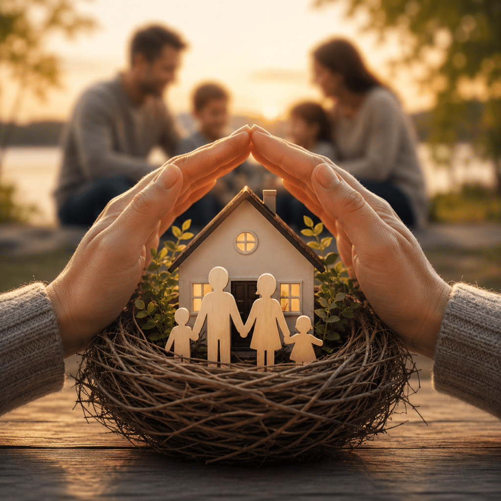 Insurance Education for Canadian Families | Protect Your Family's Financial Future Hands protecting a family home inside a nest with a happy family in the background, symbolizing insurance education for Canadian families and financial security.