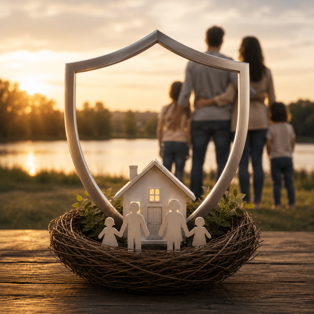 Family protected by a shield surrounding a home inside a nest, symbolizing life insurance in Canada and long-term financial security for loved ones.