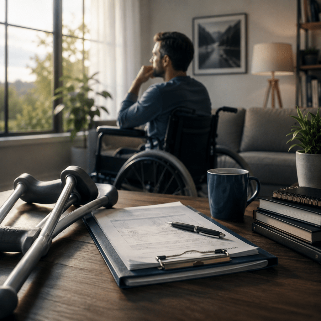 Disability Insurance in Canada: Complete Guide to Protecting Your Income Person using a wheelchair looking out a window with crutches and disability insurance documents on a table, representing disability insurance in Canada and income protection during recovery.
